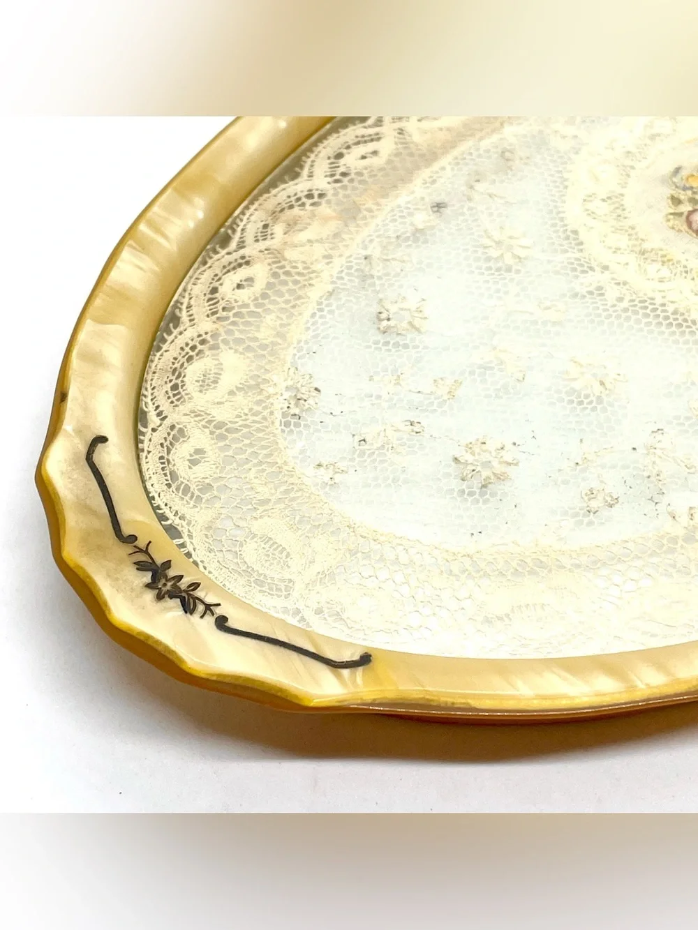 Vintage Lucite Vanity Tray with Lace & Embroidered Roses Butterscotch Oval